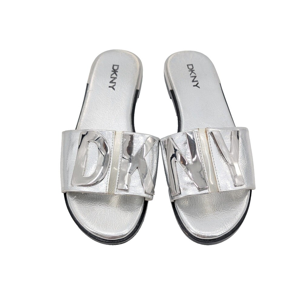 DKNY Silver Metallic Slide Slip On Flat Logo Faux Leather Casual Sandals Size 7